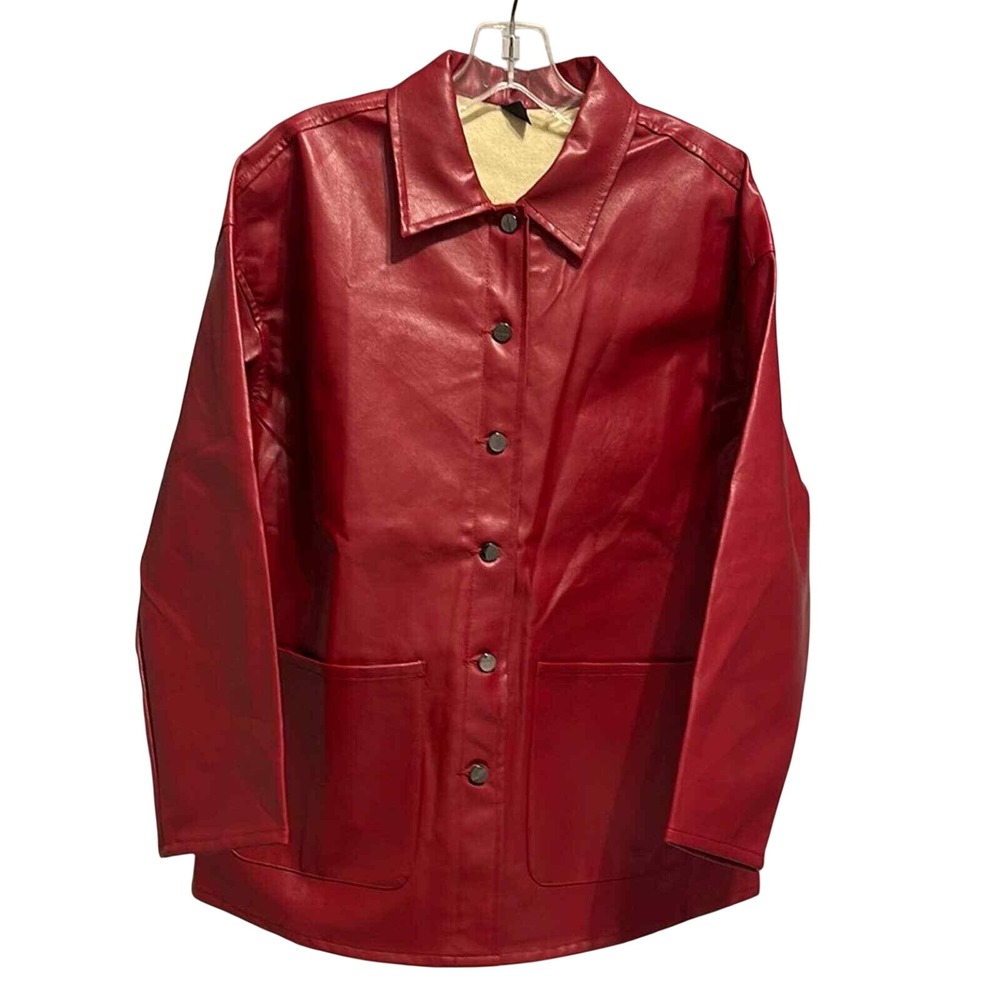 Shein Petite Red Faux Leather Shacket Button Front Patch Pocket Jacket XS